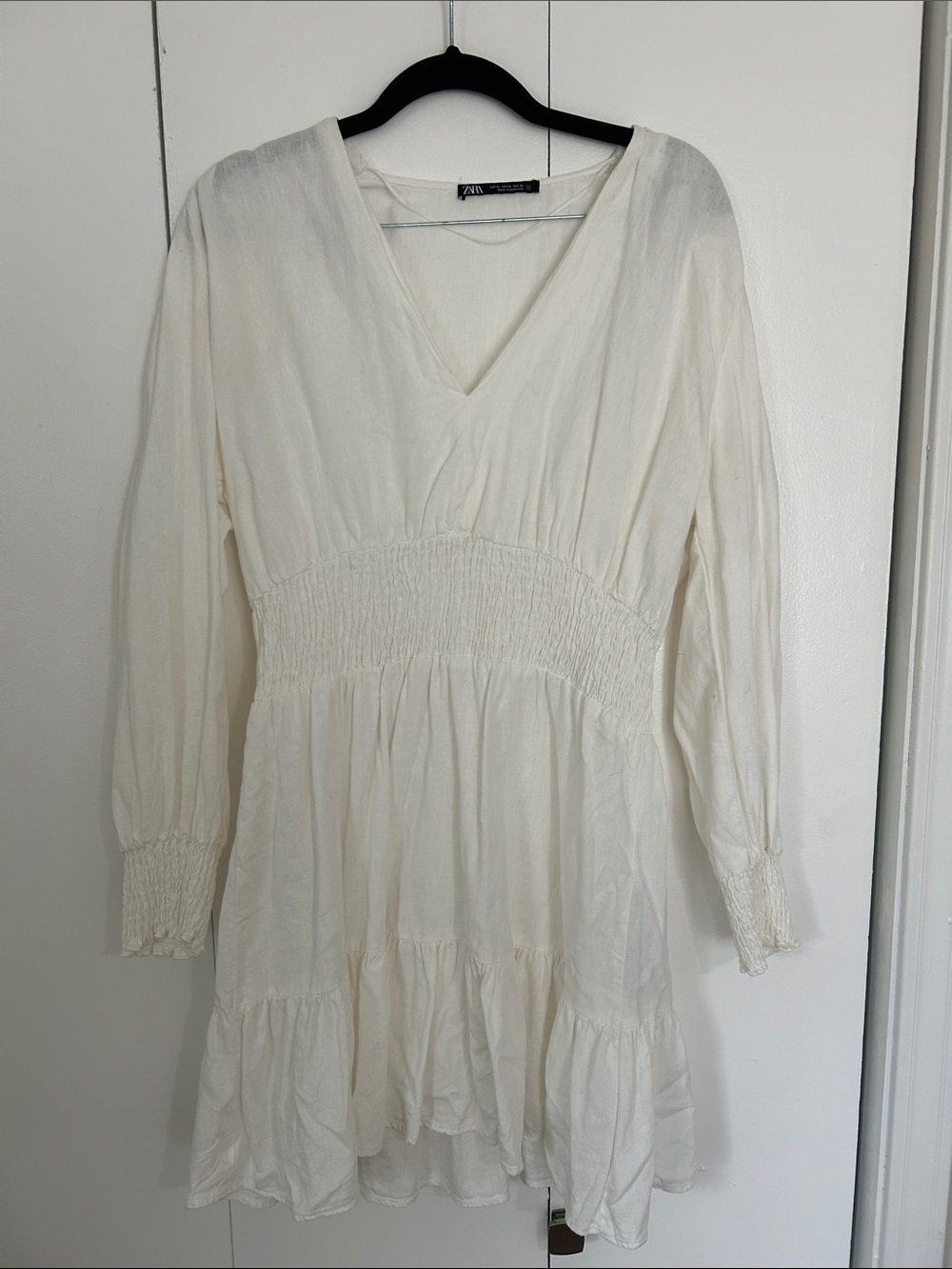 Zara Cream V-Neck Smocked Waist Long Sleeve Dress